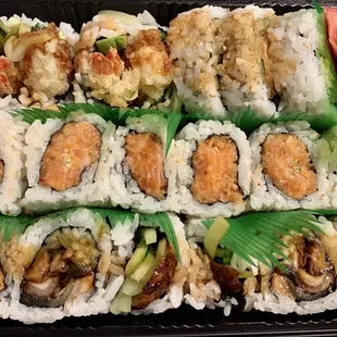 From top to bottom: shrimp tempura roll, spicy salmon roll, &amp; eel roll (NOT the giant eel roll). All were delicious!