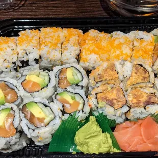 Back to front:Pop up roll, Alaska roll, spicy tuna roll