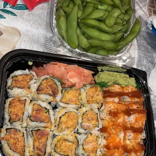 Edamame, Spicy Tuna Roll, Salmon Roll, &amp; Volcano Roll