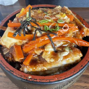 Katsu don, pork cutlet, egg and special don sauce. Pretty good, I&apos;d order this again.