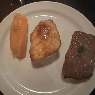 This was our final dish. The salmon sushi was the best I've ever had. The other was a grilled Seabass and a Wagyu beef.