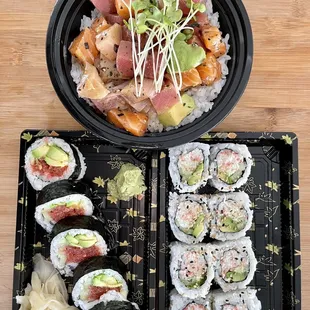 TAKE OUT ORDER:  Super Poke Bowl $12.95, Spicy Tuna Roll $5.95, Cali Rolls $4.95 = $23.85