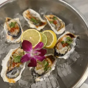 a plate of oysters with a purple flower