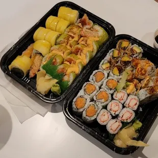 Four regular roll combo; crab, spicy salmon, eel and avocado, and shrimp tempura rolls. Two special rolls; tiger and mango to go roll.