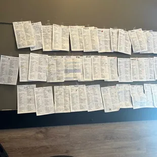 a bunch of papers hanging on a wall