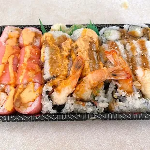 Lover Roll, Dabomb Roll, and Shrimp Tempura Roll (carry out)
