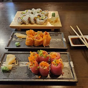Pick two salmon avocado roll and tuna avocado roll. Special salmon sashimi appetizer and special tuna sashimi appetizer.