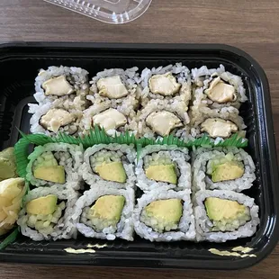 On the top, tofu roll. On the bottom, avocado cucumber roll.