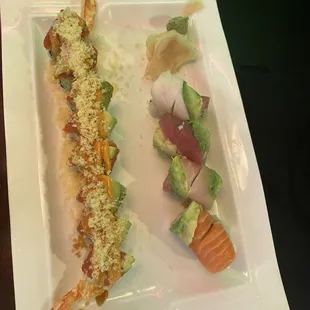 Crunchy tuna left and rainbow roll on right.