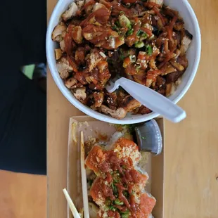 Chicken bowl and sushi q roll.