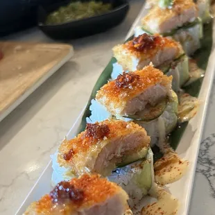 Deep fried salmon belly .