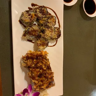 Potato Tempura Roll and 31. Salmon on the Beach Special Roll