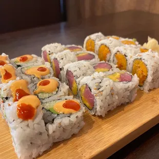 Spicy California, tuna and mango, and sweet potato rolls