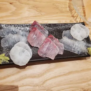 This is served with a plate size Himalayan salt and lime.  Squeeze the lime on the salt and use it to season the fish. Portion for 2