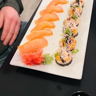 Smoked salmon nigiri and volcano