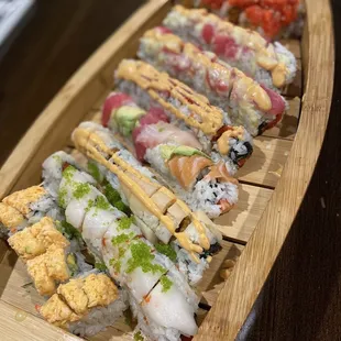 a long row of sushi