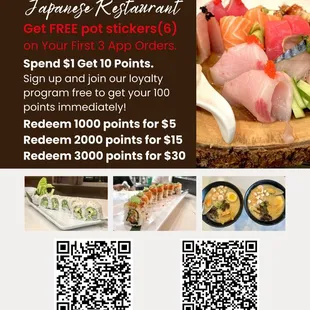 Get Free pot stickers on your first 3 App orders, don't miss out our points program as well!