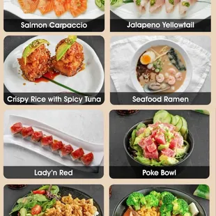 menu, sushi and sashimi