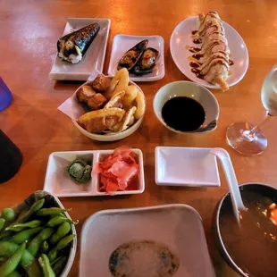 a variety of food items on a table