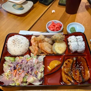 bento box  salmon teriyaki and mixed tempura