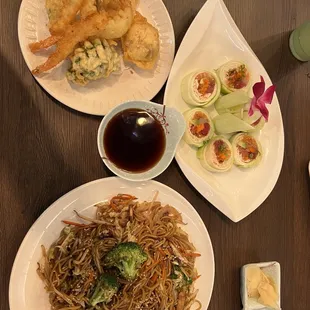 three plates of food on a table