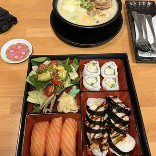 Sushi bento w/ salmon nigiri and Tonkatsu ramen.