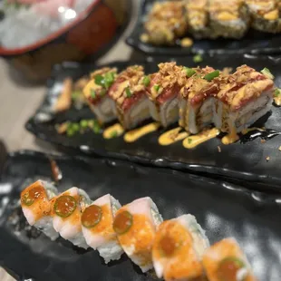 a variety of sushi rolls