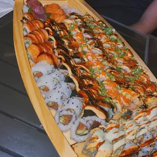 a long row of sushi rolls