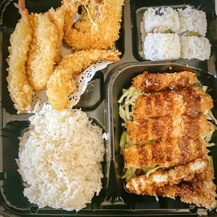 Chicken Katsu Bento with Tempura, rice and 4 pcs of California Roll