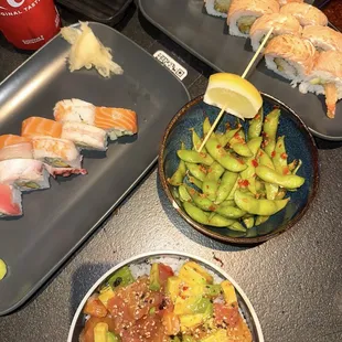 Rainbow Roll, Dragon Roll, poke, Edamame