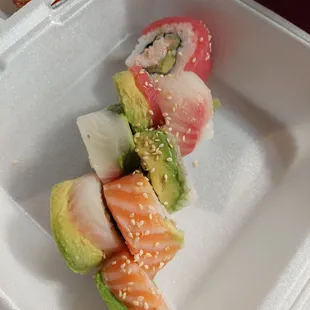 Rainbow(?) Salmon, tuna, white tail, &amp; Avocado. Stuffed- good rice - 2-3 bites per piece. Good flavor