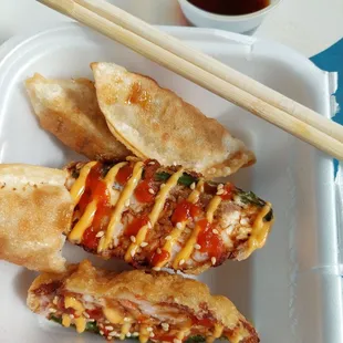 Gyoza &amp; jalapeño bomb. Both tasty - not much heat from the jalapeños