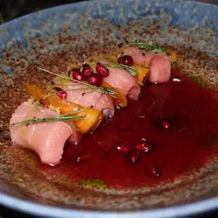 The Chutoro Crudo was made with mid belly bluefin tuna, pomegranate zu, dragonfruit, golden beets, lemon zest, maldon salt, and micro chives