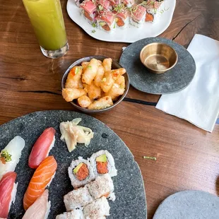 Lunch set (spicy tuna with 6 piece nigiri) and Rocco Roll.  In the middle, rock shrimp tempura.  So fresh and delicious!