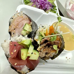 left to right: yellow tail, tuna, salmon skin hand rolls