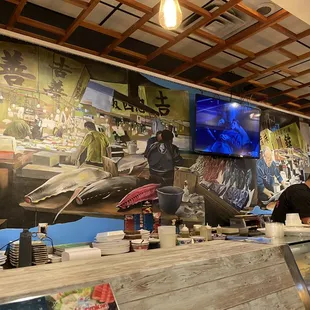 Mural behind sushi bar