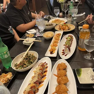 Crazy boy roll , yakisoba beef noodles , fire roll, volcano roll , love love roll