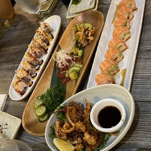 a variety of sushi dishes