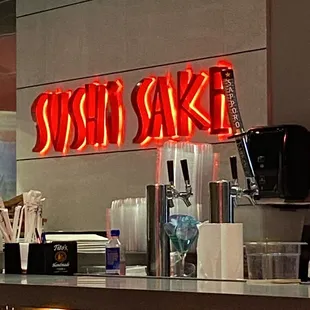neon sign above counter