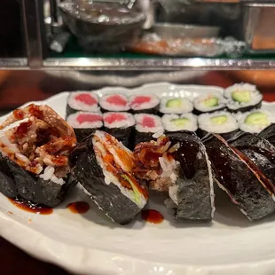 Spider roll, tuna roll, and cucumber roll.
