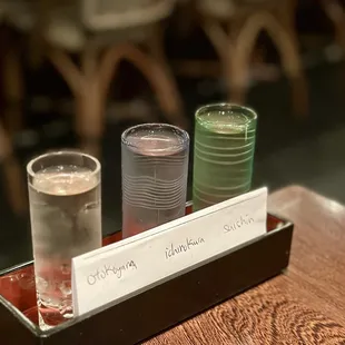three glasses of water on a tray