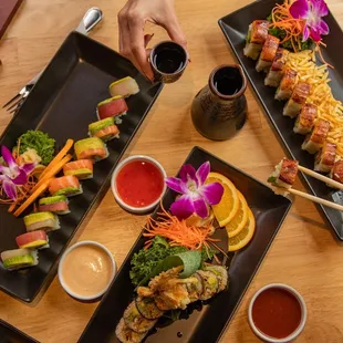 a variety of sushi dishes