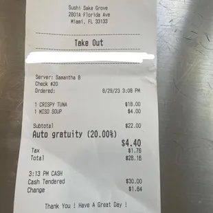 Auto 20% gratuity for TAKE OUT! If you can&apos;t pay your staff correctly, you should probably close down the business.