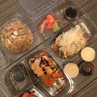 Chicken fried rice, Volcano roll and Angel roll