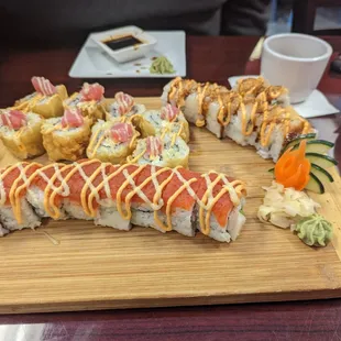 Fancy scallop roll, firecracker roll, tuna lava roll