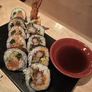 Spicy Salmon* Tempura Shrimp (right)