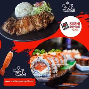 a plate of sushi and a plate of shrimp