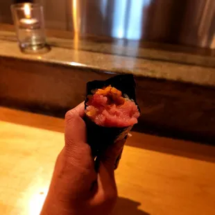 Hand roll with fatty tuna and urchin - Course #8 of Omakase