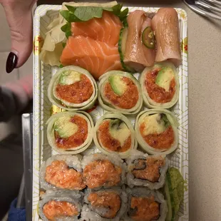 This was $80.  2 King Salmon Sashimi a la Carte 2 Yellow Tail Sashimi a la Carte 1 Spicy Salmon Roll 1 Spicy Tuna Sushi Roll