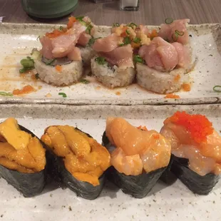 Artfully prepared uni, spicy scollops, and negi hama